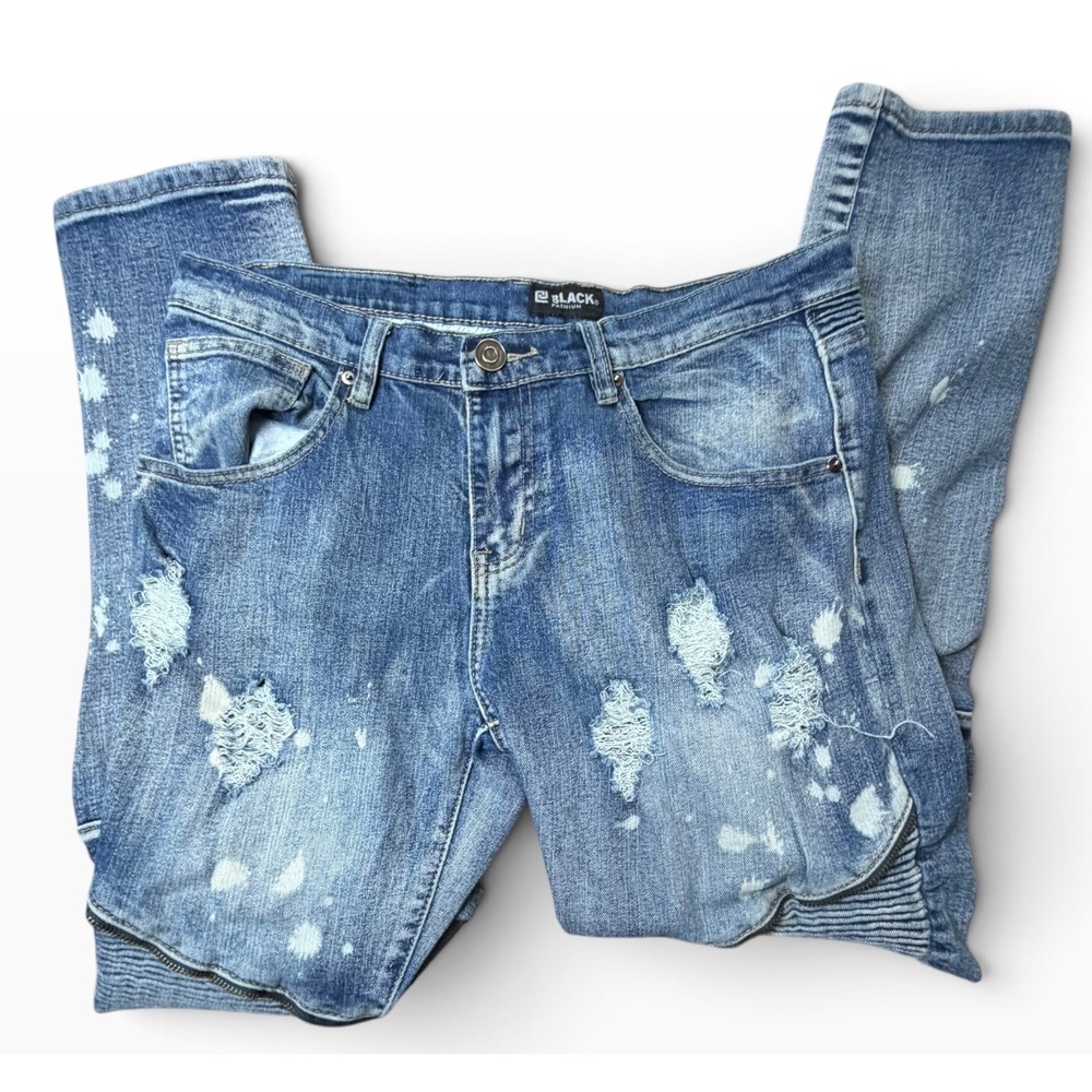 Black Premium Mens Moto Jeans Blue Distressed Biker Denim Zippers Bleach Splat